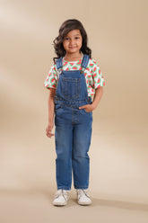 Girls Denim Dungaress  Mid Blue